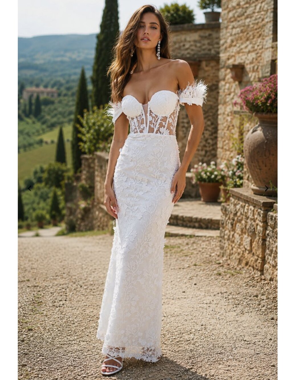 White Feather And 3d Floral Off The Shoulder Maxi Bridal Wedding Dress NWT